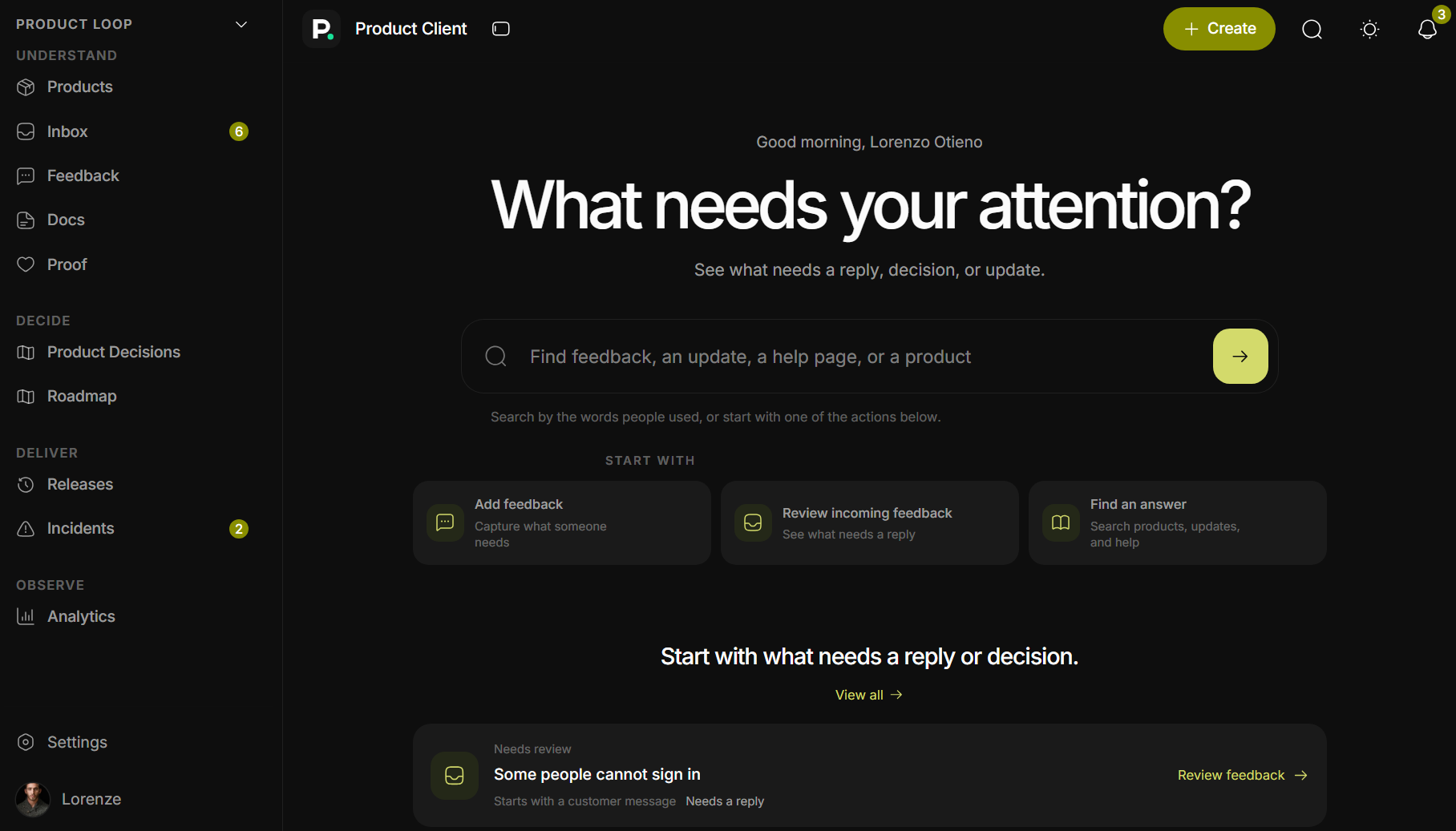 ProductClient launch workspace connecting product updates and feedback