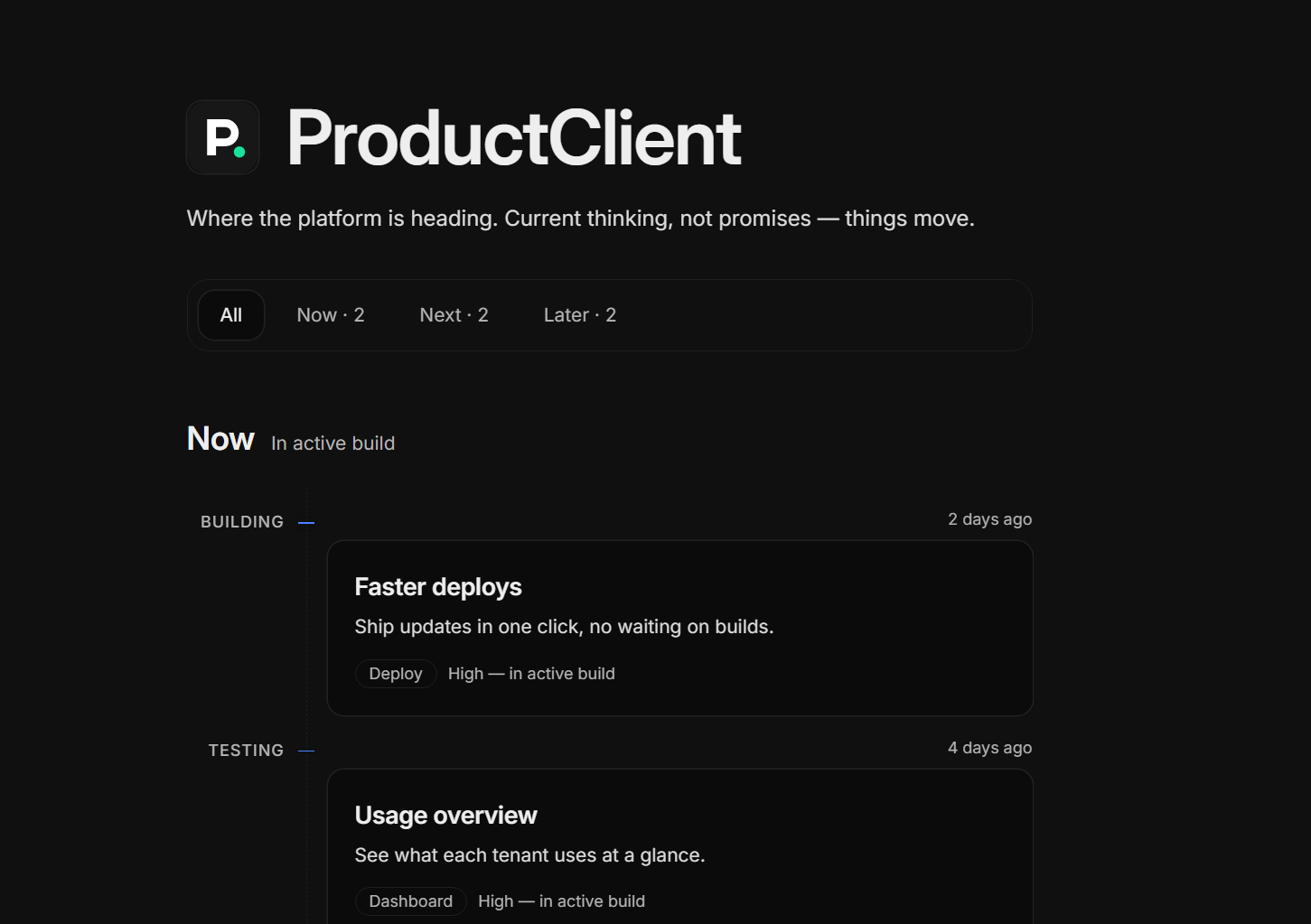 Product Client release page preview